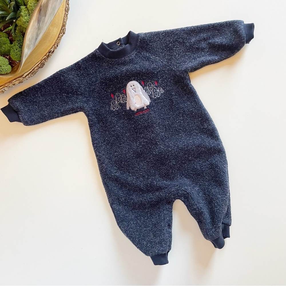 Vintage Oshkosh Baby Blue Fleece Mohair Blend Winter Penguin Romper | 3-6m